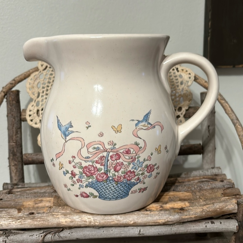 Vtg French Garden W.B.I Taiwan Ceramic Pitcher Country Flower Birds Cottagecore